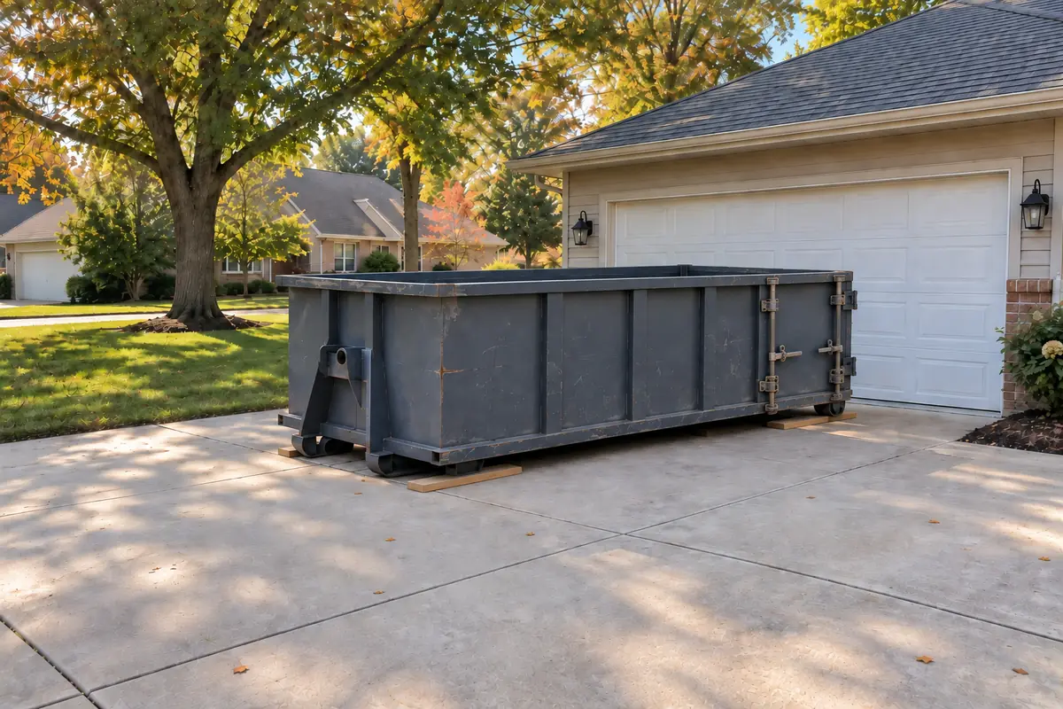 20-yard roll-off dumpster in a driveway, about 22 feet long and 4 feet tall