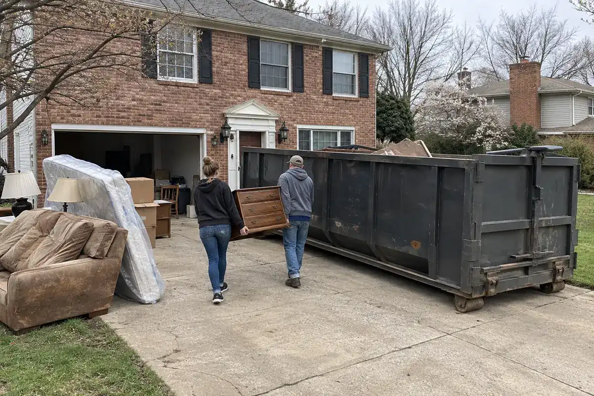 Furniture and household items being cleared into a dumpster during a move-out