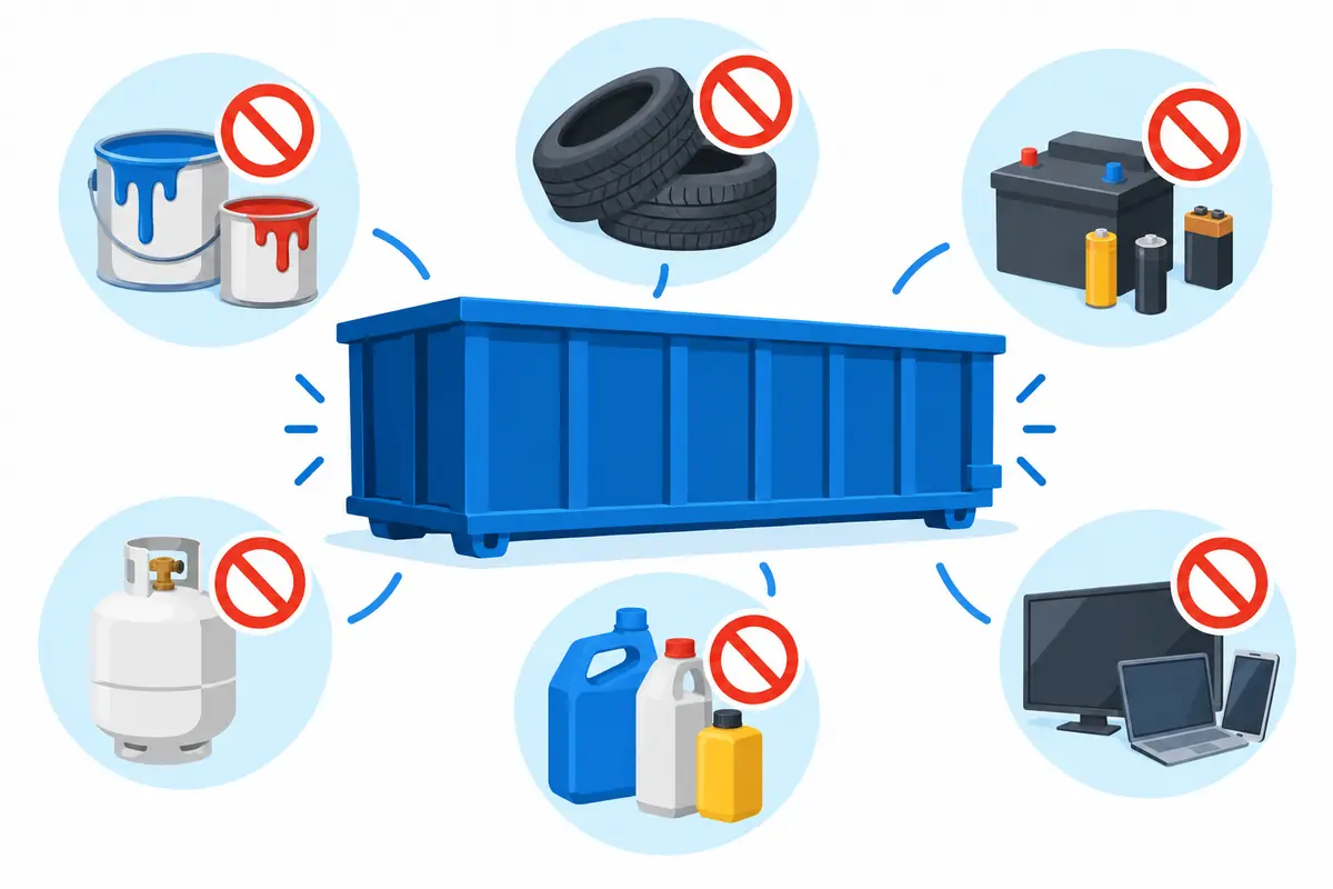 Illustration of prohibited items: paint, tires, batteries, propane, chemicals and electronics