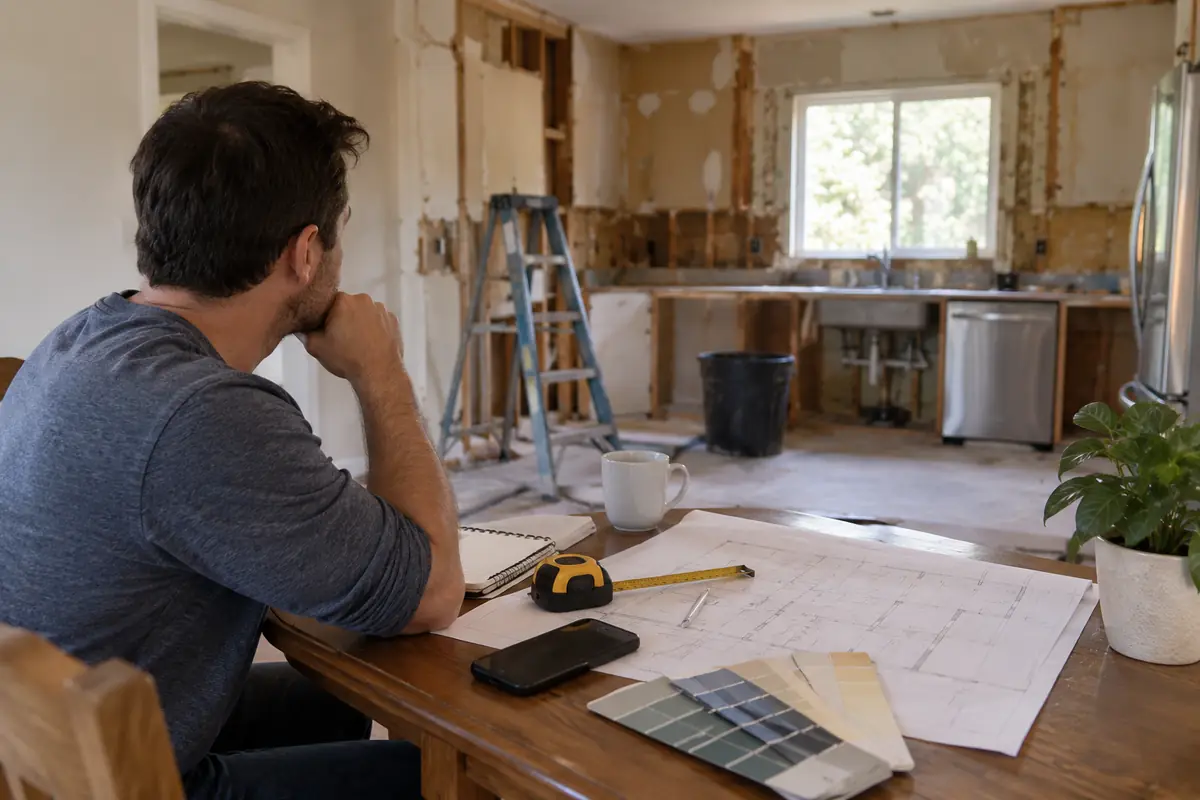 Homeowner planning a remodel with drawings and a tape measure