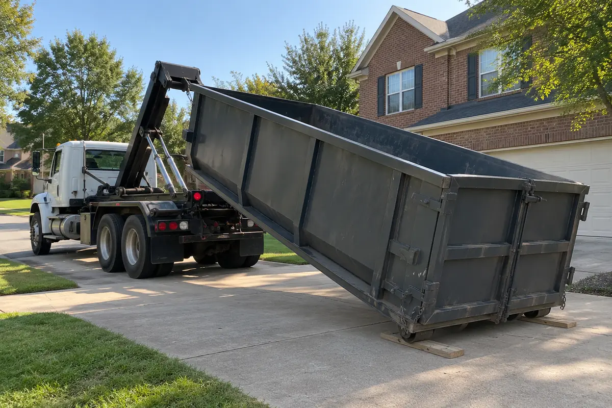 Roll-off truck lowering a container into a residential driveway