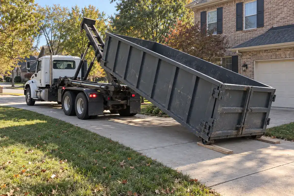 Roll-off truck delivering a container on a residential street