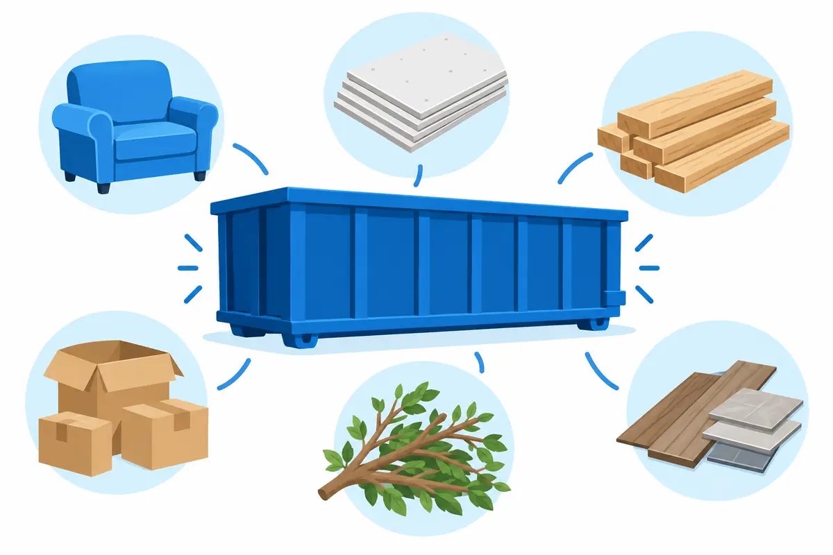 Illustration of accepted debris: furniture, drywall, lumber, boxes, yard waste and flooring